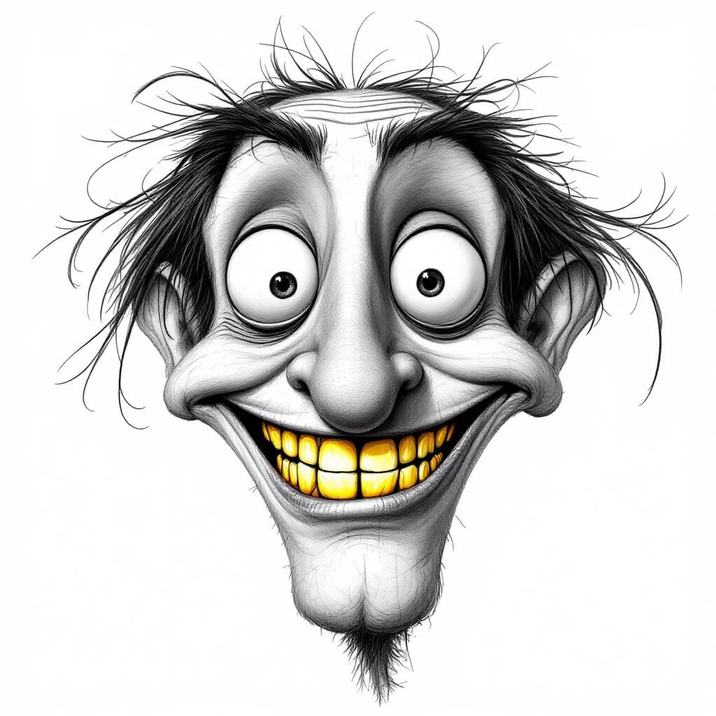 AI generated:  "Please create a humorous art piece featuring a character with exaggerated features. The character ...