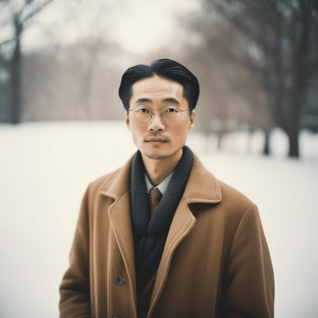 AI generated: A serene portrait of a Han Chinese engineer in winter, gazing into the camera with soft daylight, an...