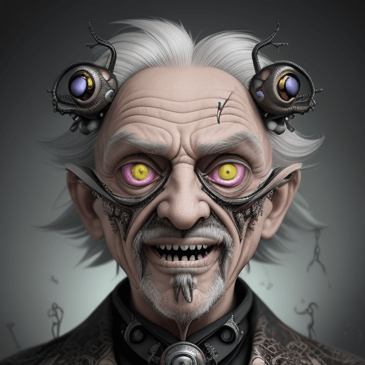 AI generated: Very old Laughs and toxic grandpa with fear in eyes, mad sky hallucination by Mundford, baroque maxi...