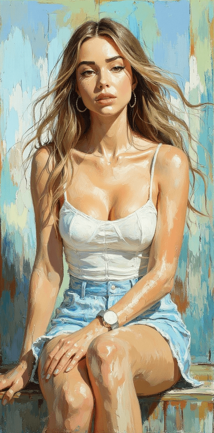 AI generated: a painting of a woman sitting on the bench, in the style of beautiful women, playfully intricate, he...