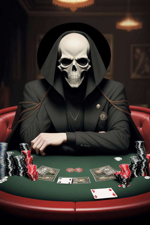 AI generated: (((8k, very high resolution, masterpiece))), (death:1.2) playing poker, (scythe of death in backgrou...