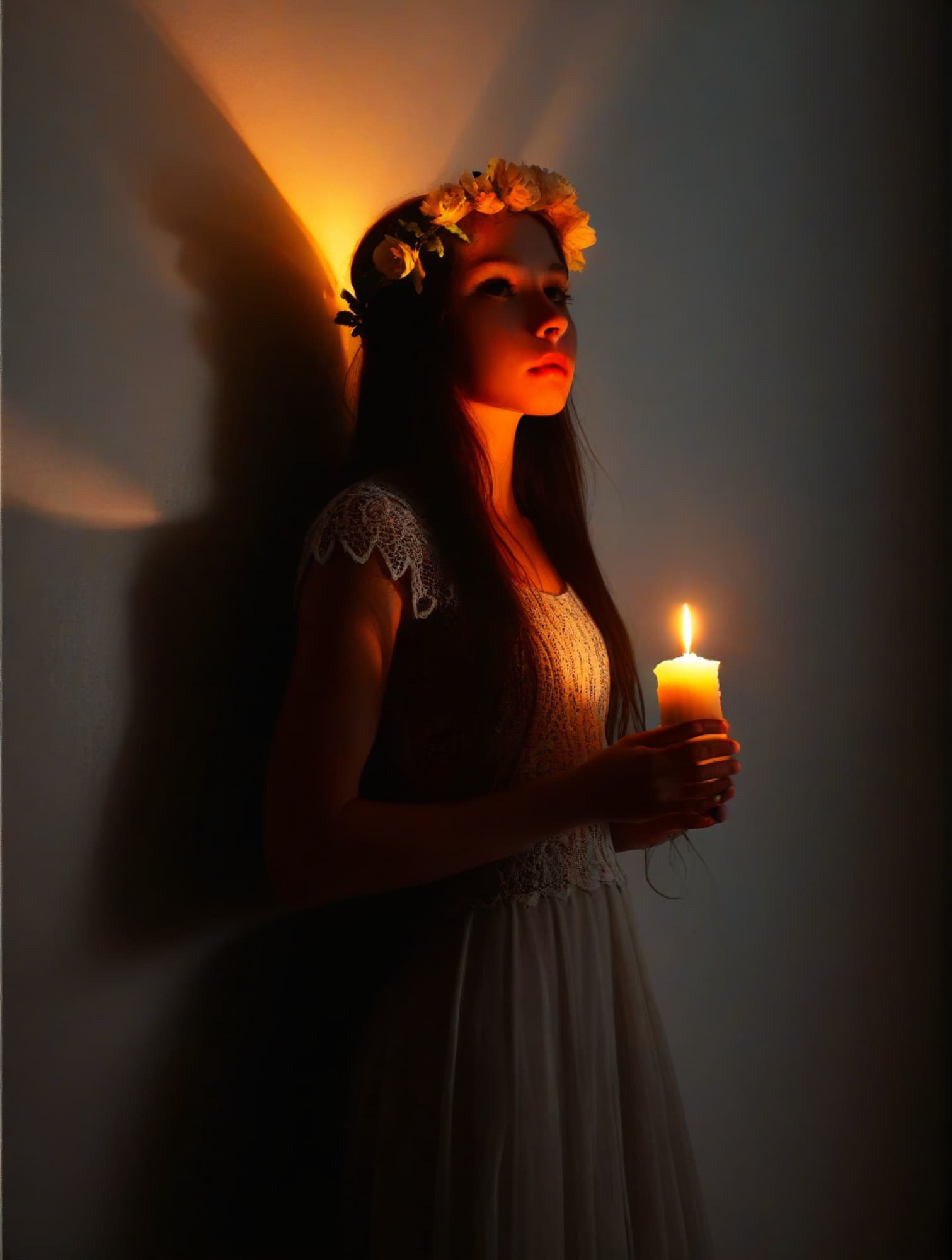 AI generated: From below view. Low warm backlight, misty scene of a woman with long hair with flowers crown, she s...