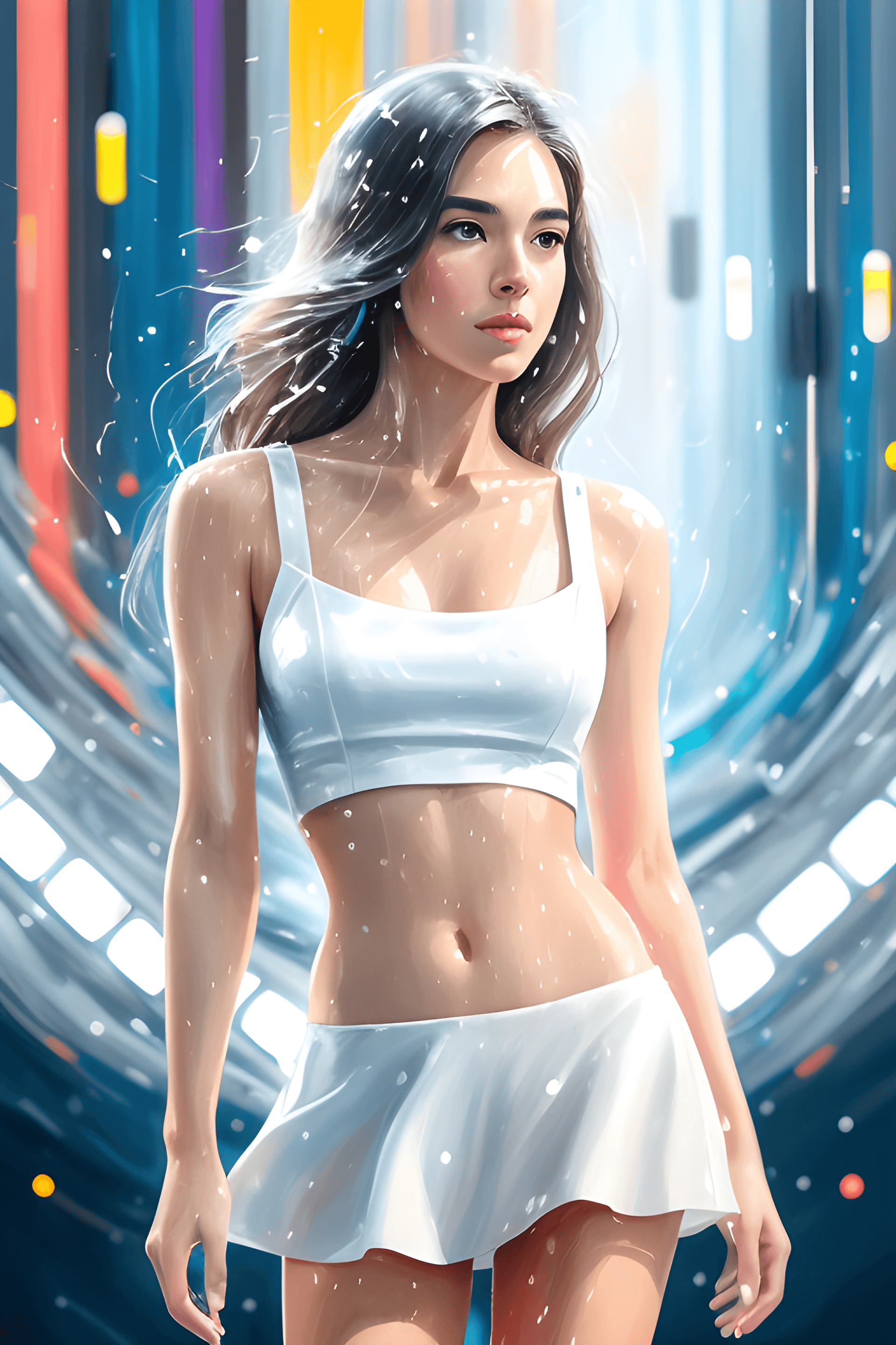 AI generated: 2D, portrait of a pretty and elegant woman in a wet short white dress dancing with planets, half por...