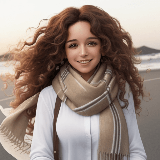 AI generated: The image features a woman with long, curly hair, wearing a white shirt and a scarf. She is looking ...