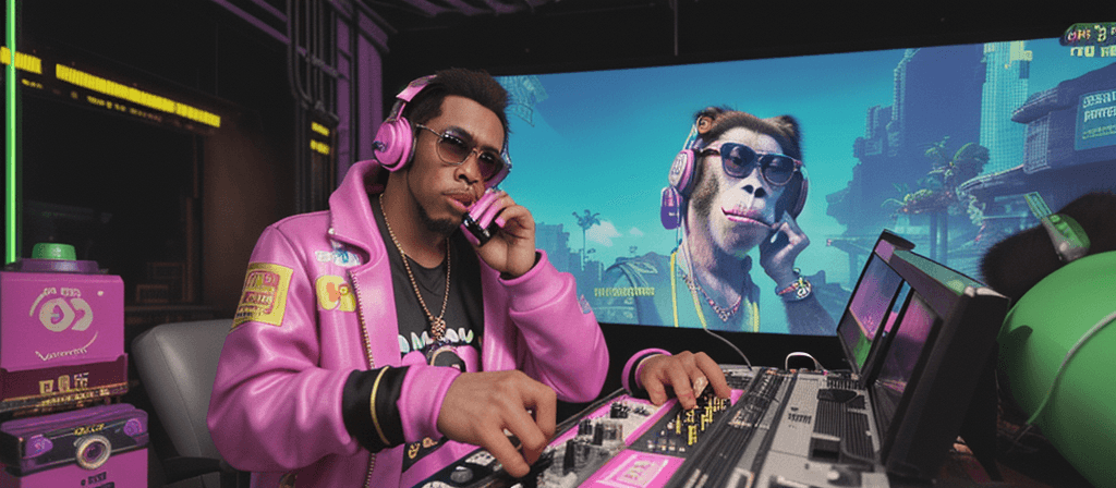 AI generated: DJ, Diddy Kong, Donkey Kong, headphones, sunglasses, cyberpunk, cyberpunk, vaporwave, vaporwave, CD,...