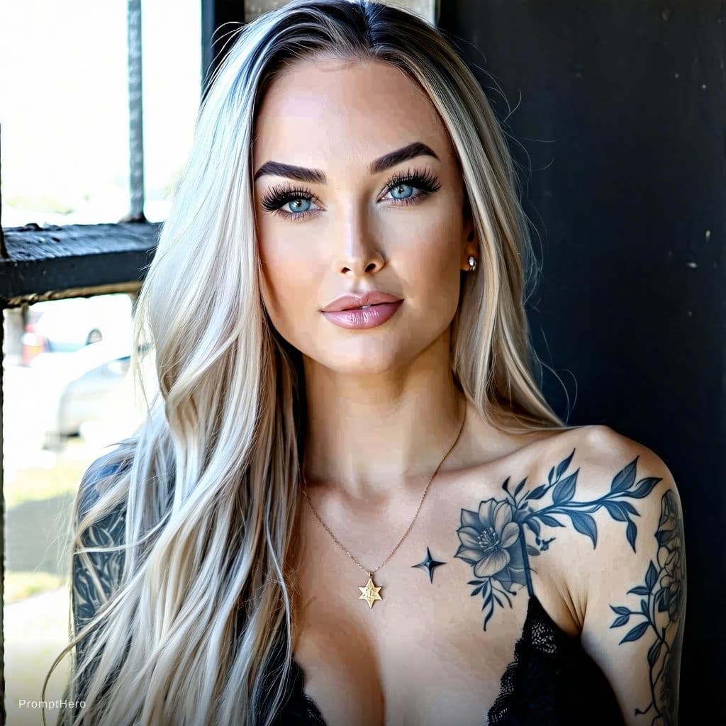 AI generated: Photorealistic portrait of a breathtaking young woman with long, voluminous platinum blonde wavy hai...