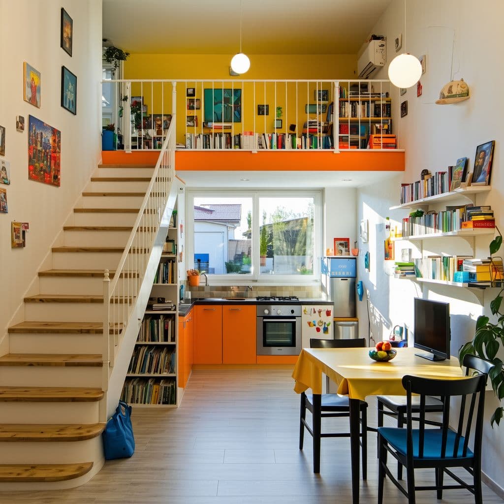 AI generated: The interior of a ground floor, two-story, single-room space in Kozani Greece, approximately 65m² th...