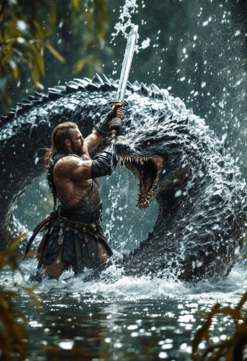 AI generated: hyper-realistic action photograph of a barbarian beheading a giant serpent in a swamp, the barbarian...