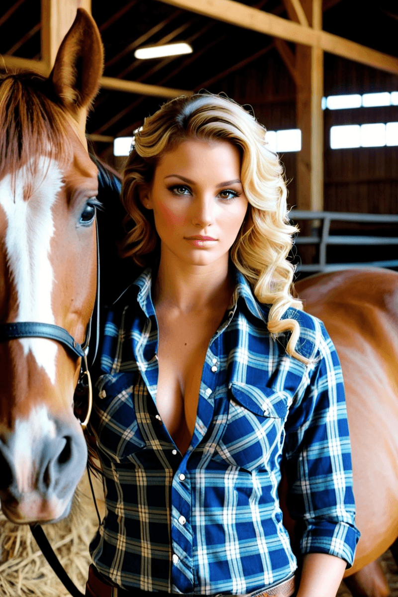 AI generated: 3/4 shot, photograph of, a woman, short curly blonde hair with brunette highlights, (busty:1.1), wea...
