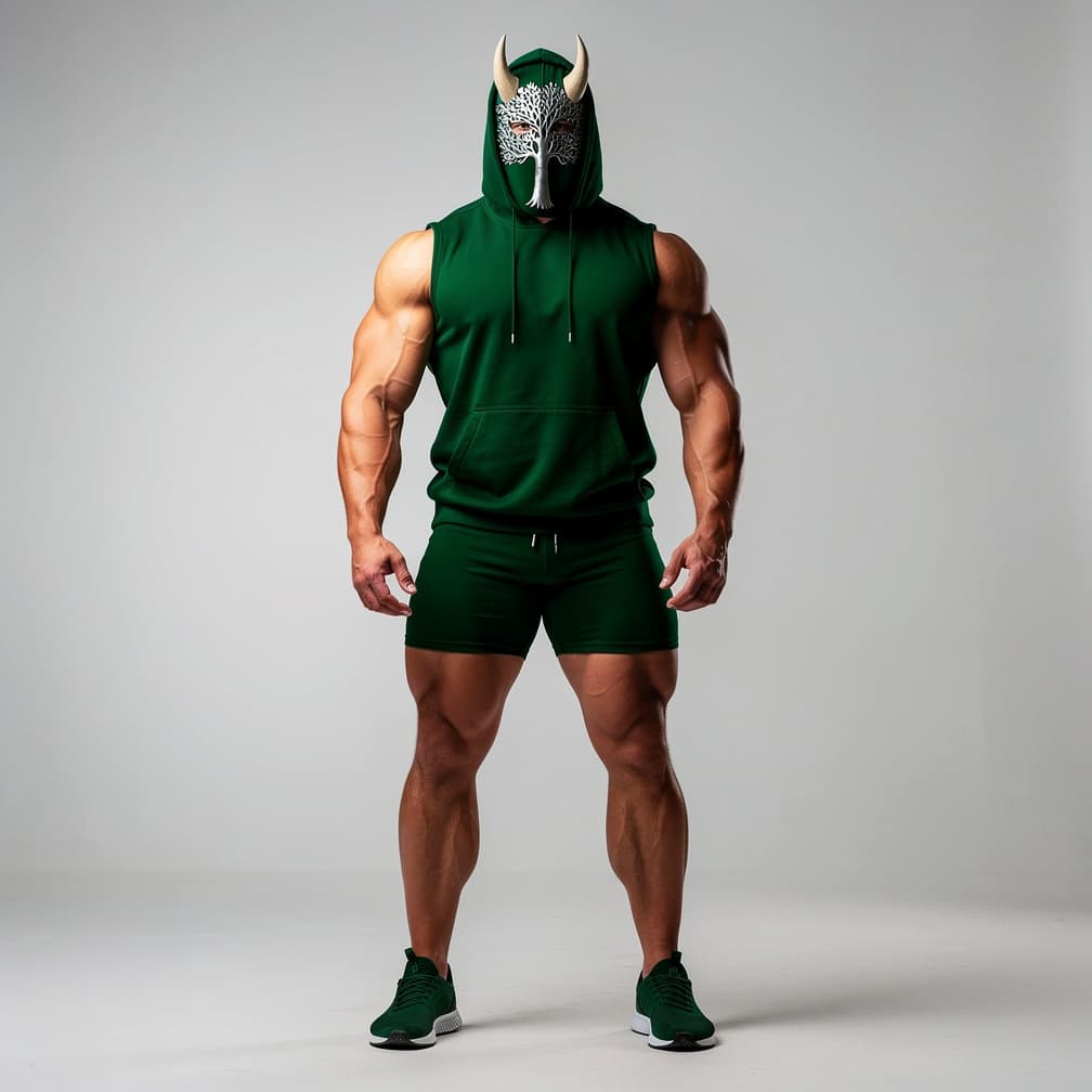 AI generated: A big muscular man wearing forest green short shorts and a forest green tank top plus a forest green...