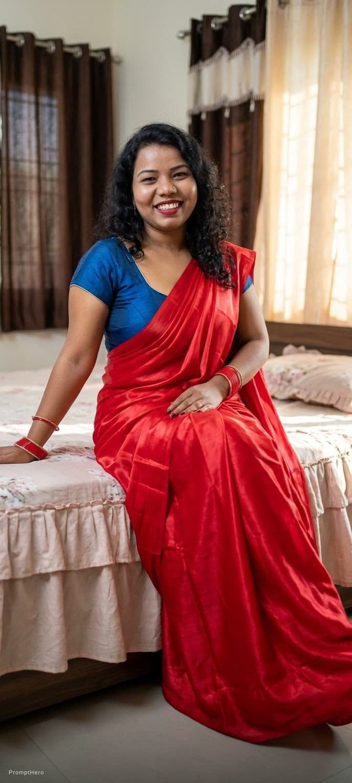 AI generated: Transparent Red wet saree Indian woman, without blouse, tight, sleeping on edge on bed, curvy body, ...