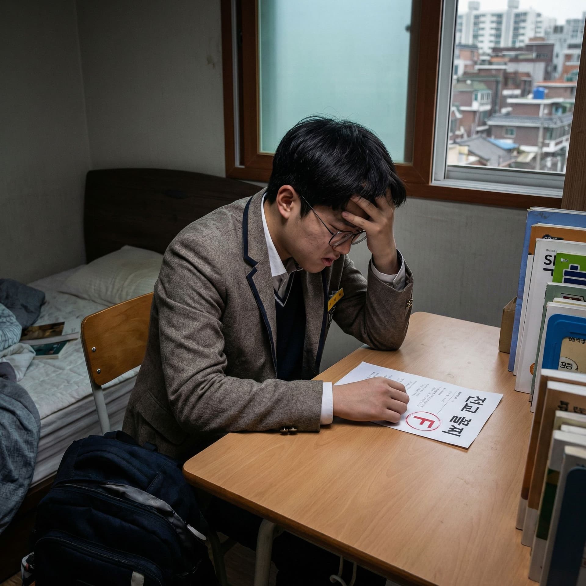 AI generated: Image of a Korean student who came in last in school looking at his report card in distress.
