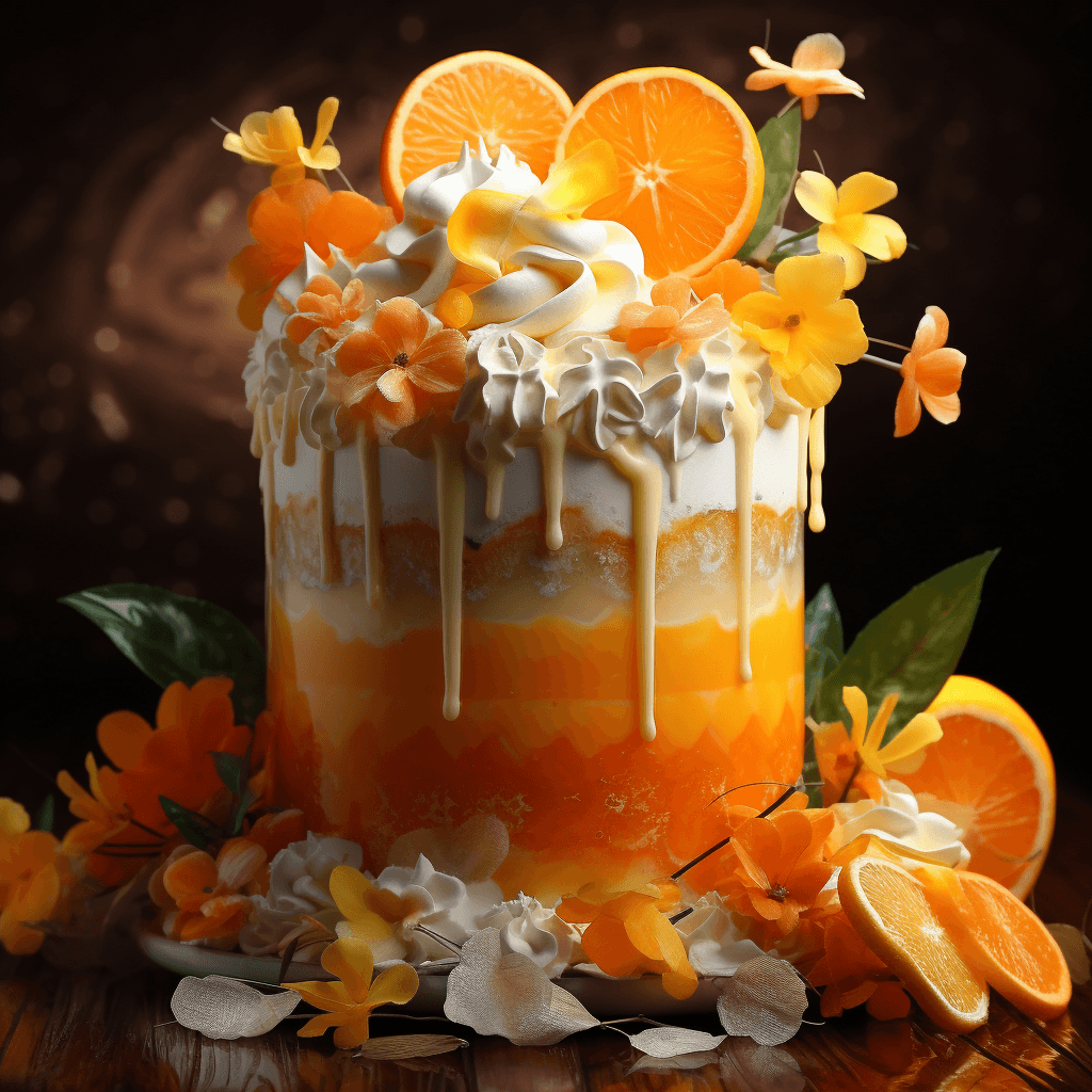 AI generated: orange juice in the shape of a cake, a clear and detailed body, amazing colors, charming colors, ver...