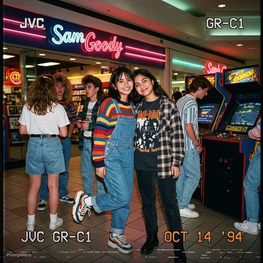 AI generated: Kooky portraits of 90’s mall teens in retro clothing, shot on VHS