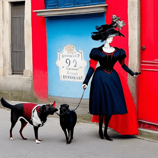 AI generated: Une femme avec chien marche dans la rue avec les cuissardes, Un beau visage avec des détails hyper d...