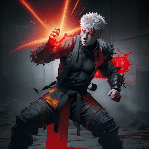 AI generated: Jujutsu Kaisen: Gojo fighting at war, injured and dirty, ripped clothes, occultist clothers, buildin...