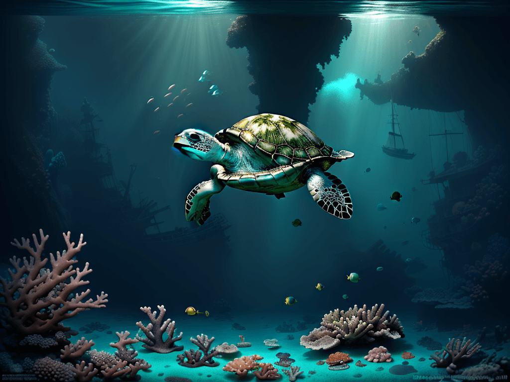 AI generated: a deeper dreamy old little boat wreck, baby green turtle floating and looking at us, corals, sponges...