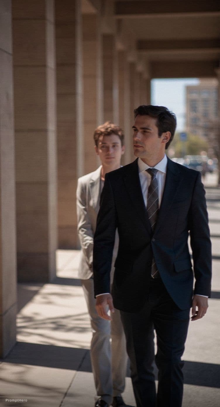 AI generated: A cinematic candid medium shot portrait of a man walking along a bright urban walkway, framed from t...