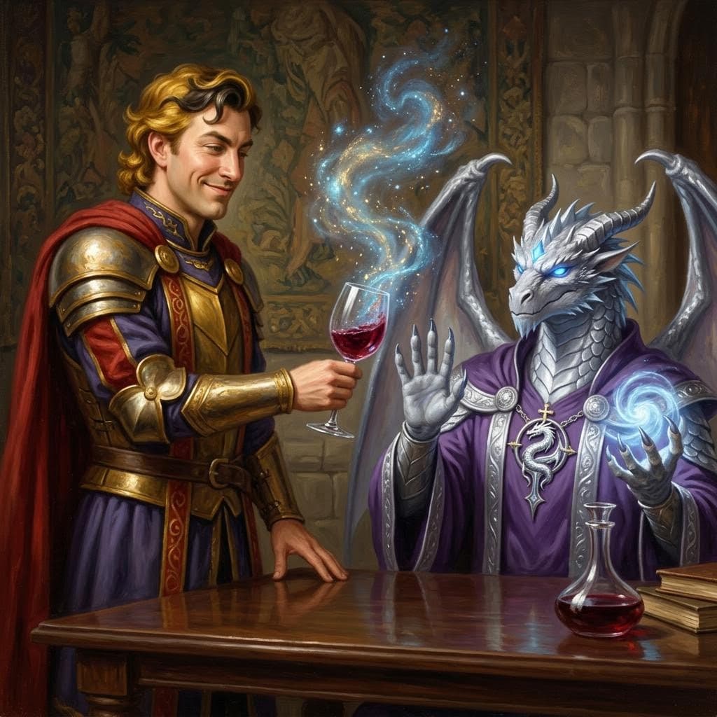 AI generated: a handsome and smug knight offering a glass of wine to a silver dragonborn wizard who politely refus...