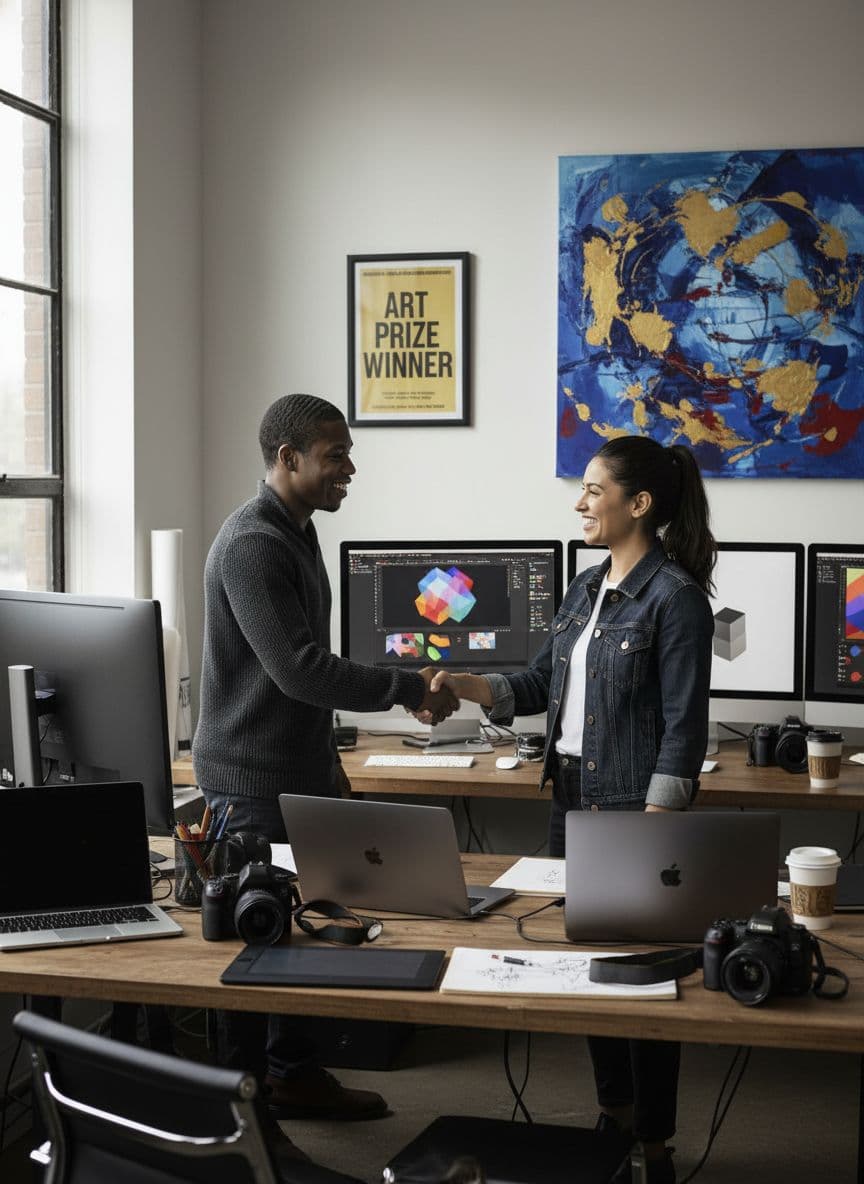 AI generated: A realistic image of a happy customer shaking hands with a Graphic Designer in a Design Studio. Comp...