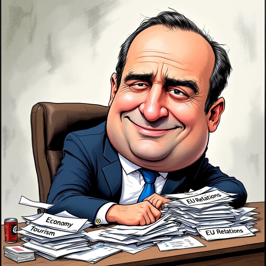 AI generated: A satirical caricature of Kyriakos Mitsotakis, the Greek Prime Minister, with an oversized head and ...