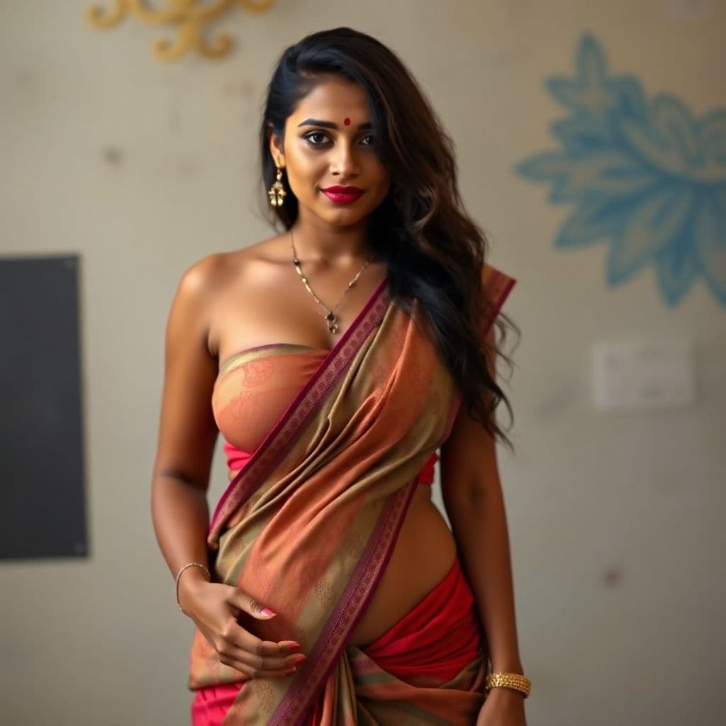 AI generated: a indian aunty, hot, big boobs, no belly fat, brown skin tone, horny look, half naked, sare
e, big a...