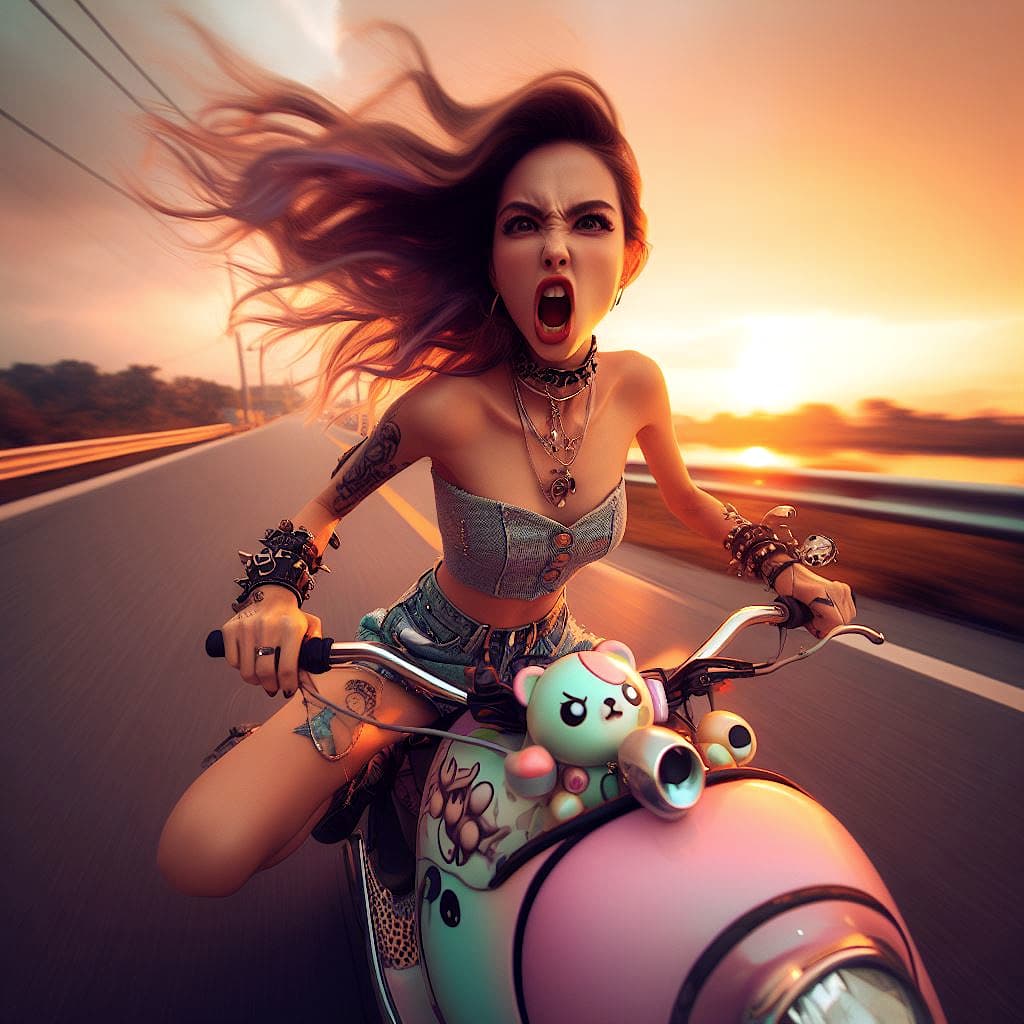 AI generated: A hyper realistic beautiful full body portrait of a Bubblepunk girl making an angry face while ridin...