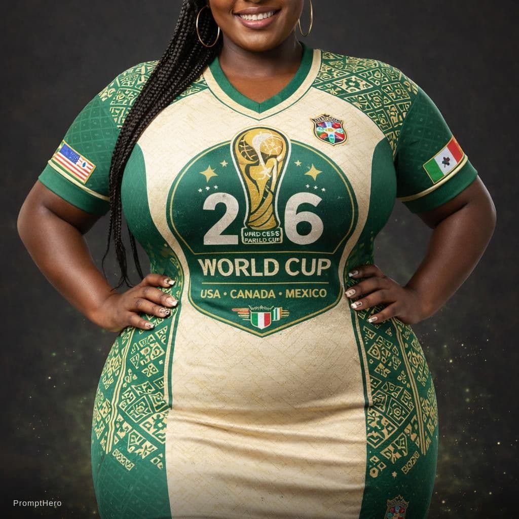 AI generated: Create world cup 2026 soccer sports dress using image1 for inspiration, been worn by thickcurvy Afri...