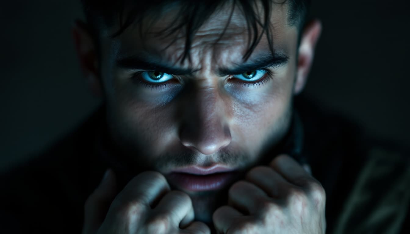 AI generated: A young man with sharp facial features, his jaw clenched and nostrils slightly flared as he stares i...