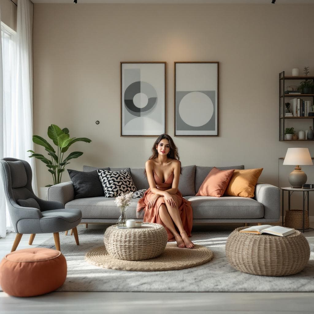 AI generated: Furniture shoot with a good looking female Indian model , in a Living room setup where the living ro...