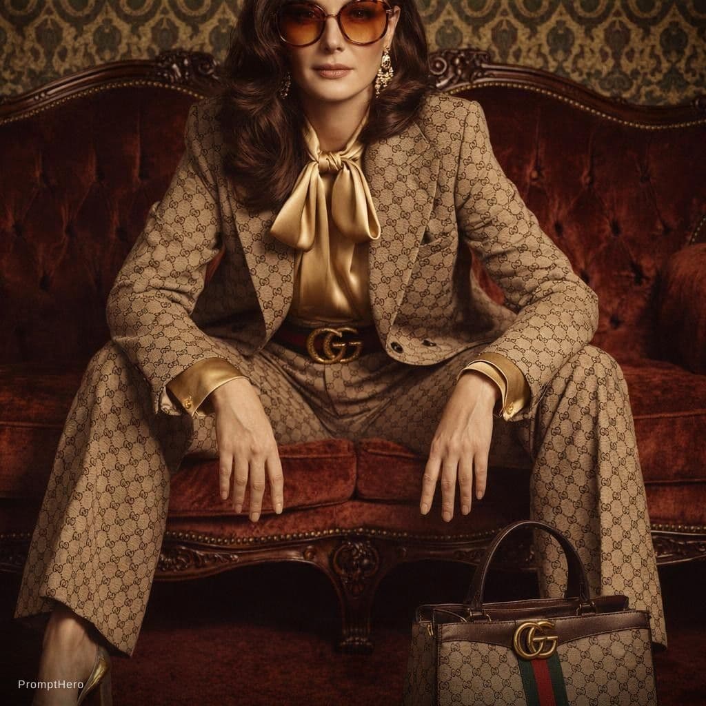 AI generated: {
  "scene": {
    "type": "fashion editorial",
    "theme": "Gucci vintage luxury",
    "settin...
