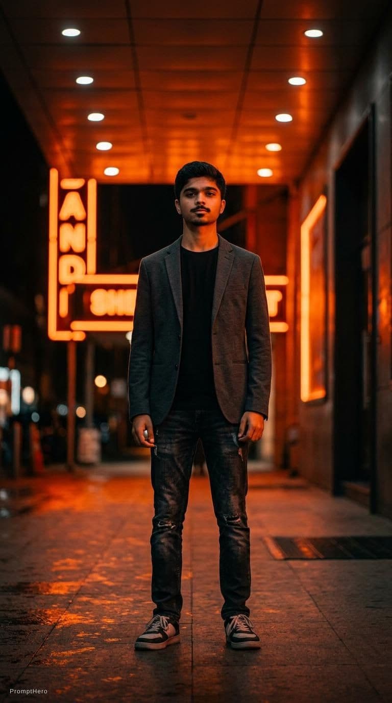AI generated: editorial photography, male model, 50mm f/1.2 RF lens, f/2.8 set, 1/160s, iso 100, gradient neon ora...