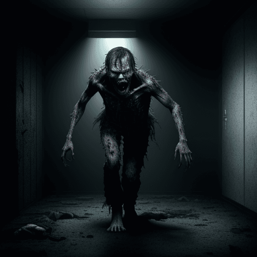 AI generated: The zombie emerging from a dark room, zombie virus stage four, volumetric lighting, real life, highl...