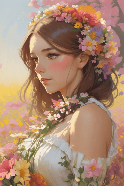 AI generated: commercial illustration of a woman dressed in flowers with flowers in her hair, in the style of artg...