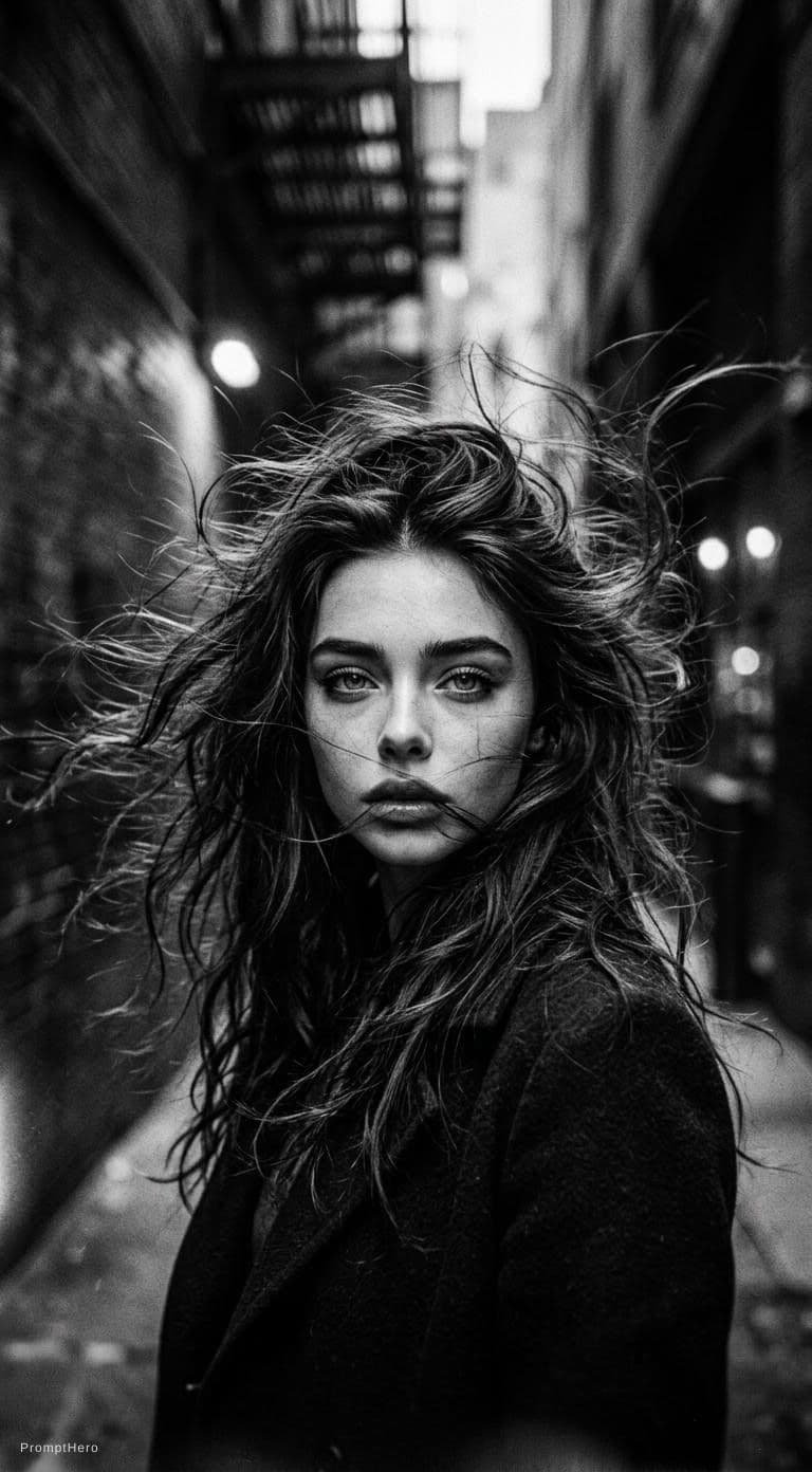 AI generated: a woman with long wild hair on a windy day, in the style of toy camera effects, haunting elegance, f...