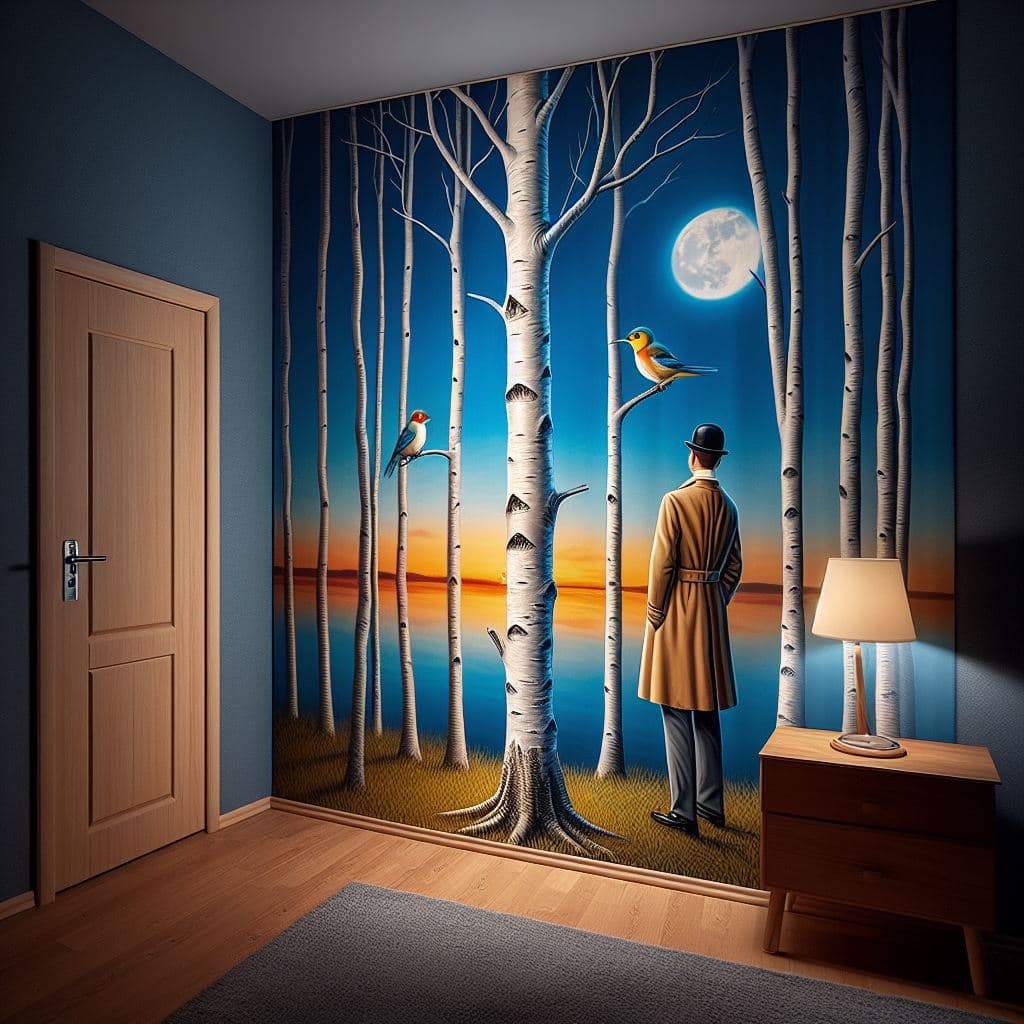 AI generated: "I need to change the wallpaper!" said the birch tree and walked away at dusk. Fantastic Realism by ...