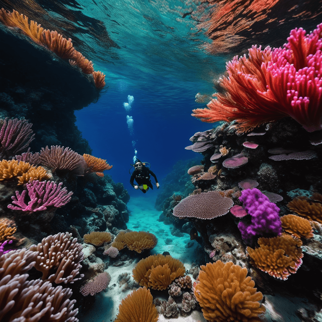 AI generated: A diver explores a breathtakingly beautiful deep sea teeming with vibrant corals, diverse marine lif...