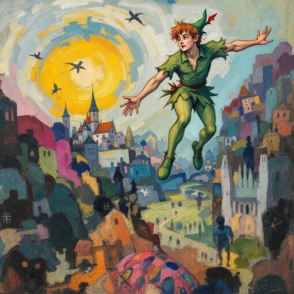 AI generated: funny Peter Pan flying , art in medieval bestiary style, oil on canvas by Pablo Picasso, Masaccio, M...