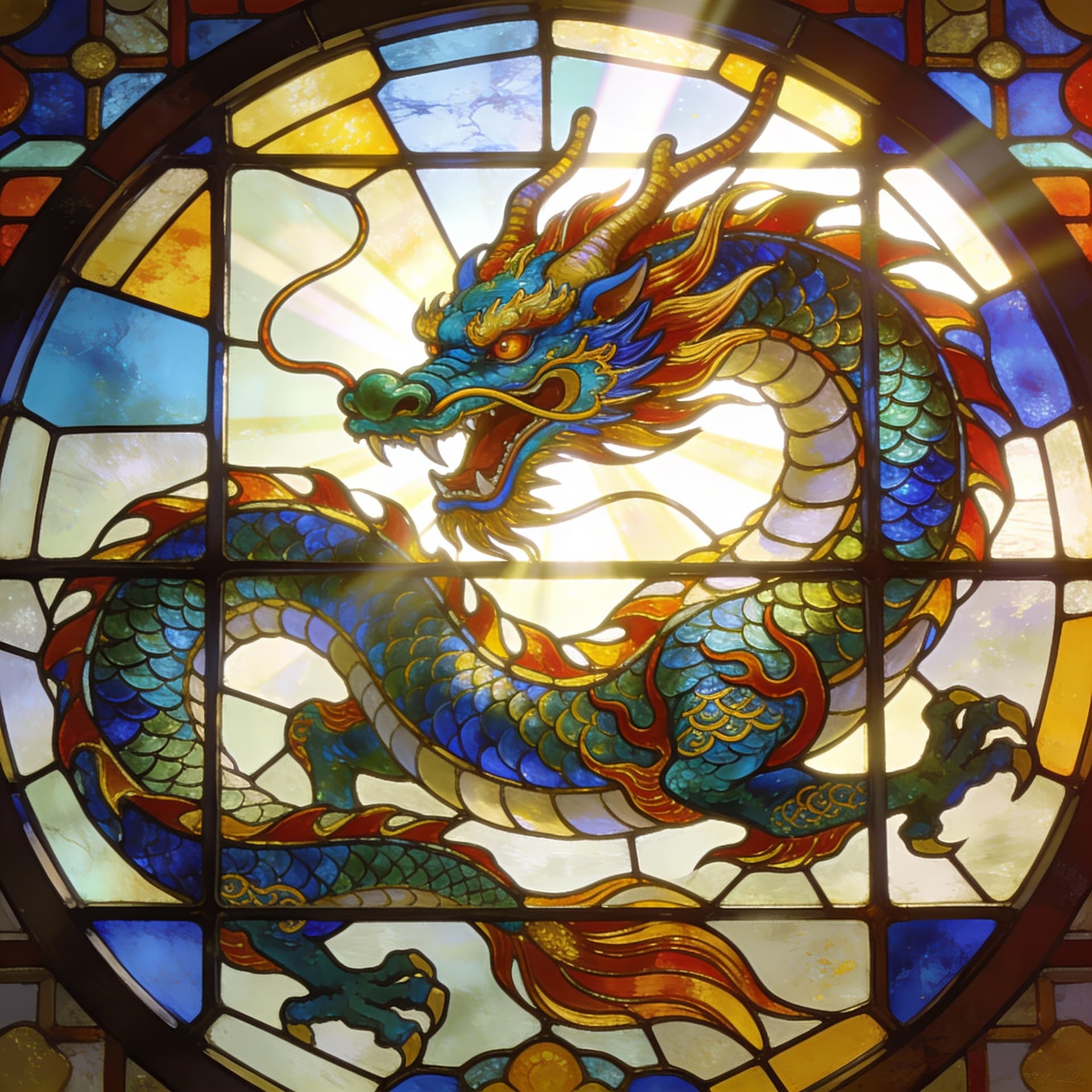 AI generated: a vibrant stained glass art piece of one Chinese dragon, Rays of sunlight shine through the window,(...