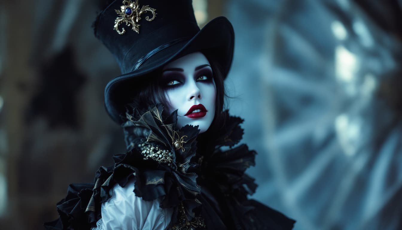 AI generated: cosplay (Woman as the phantom of the opera:1.2), Michael Crawford, mask, gothic lair  