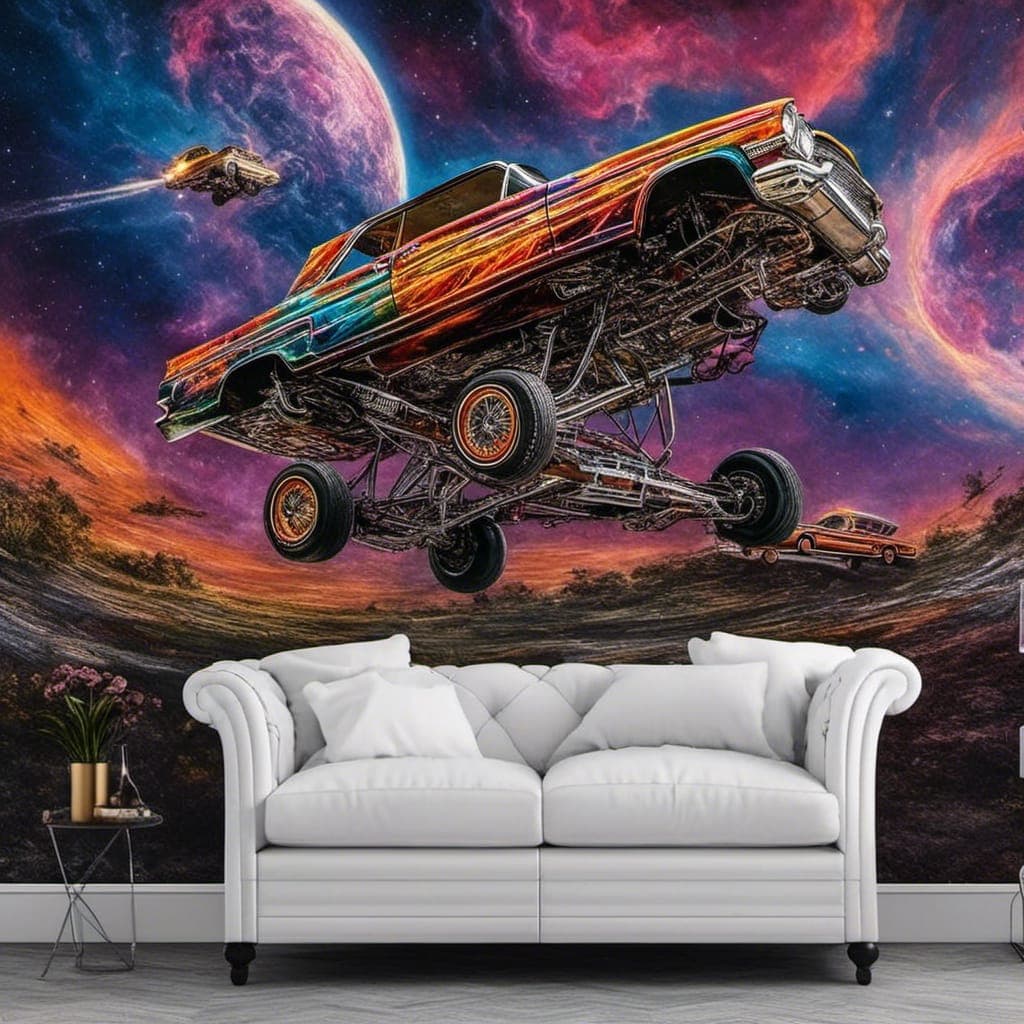 AI generated: a <lora:lowrider paintjobs:1.0> facing towards the sky leaning, showcase the intricate details of a ...