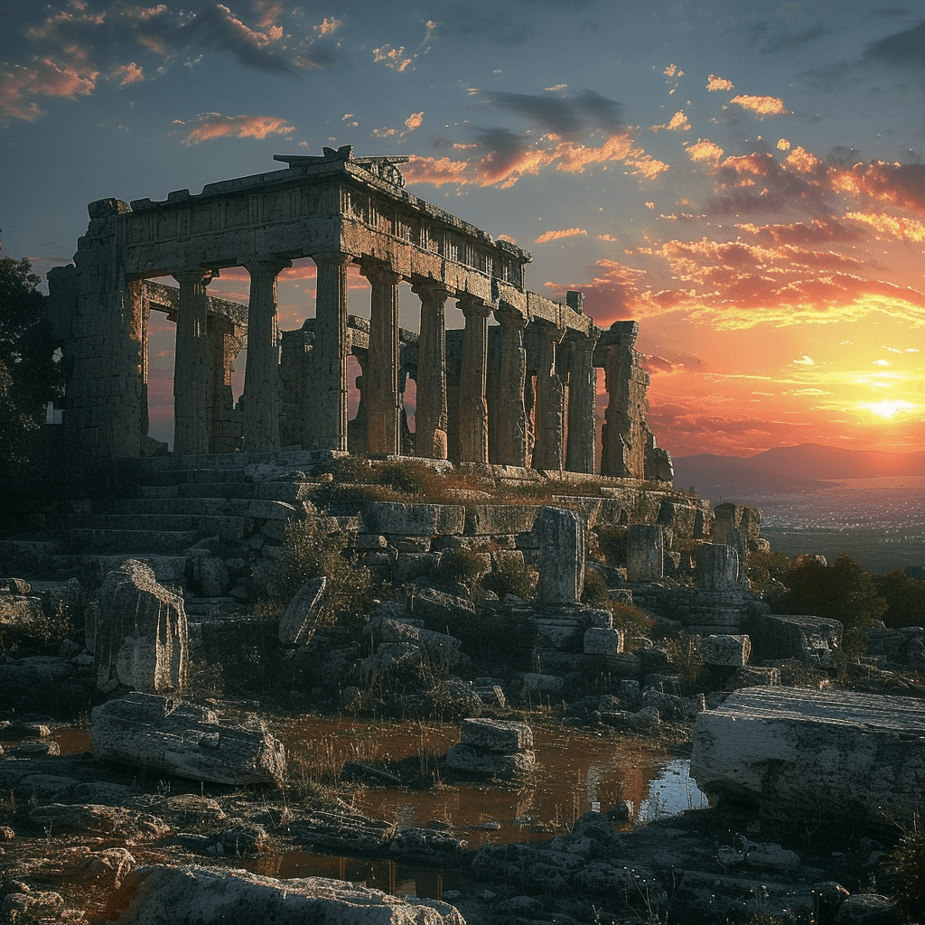 AI generated: Ruins, deserted, landscape, sunset, epic sky, cinematic, detailed., trending on artstation, sharp fo...