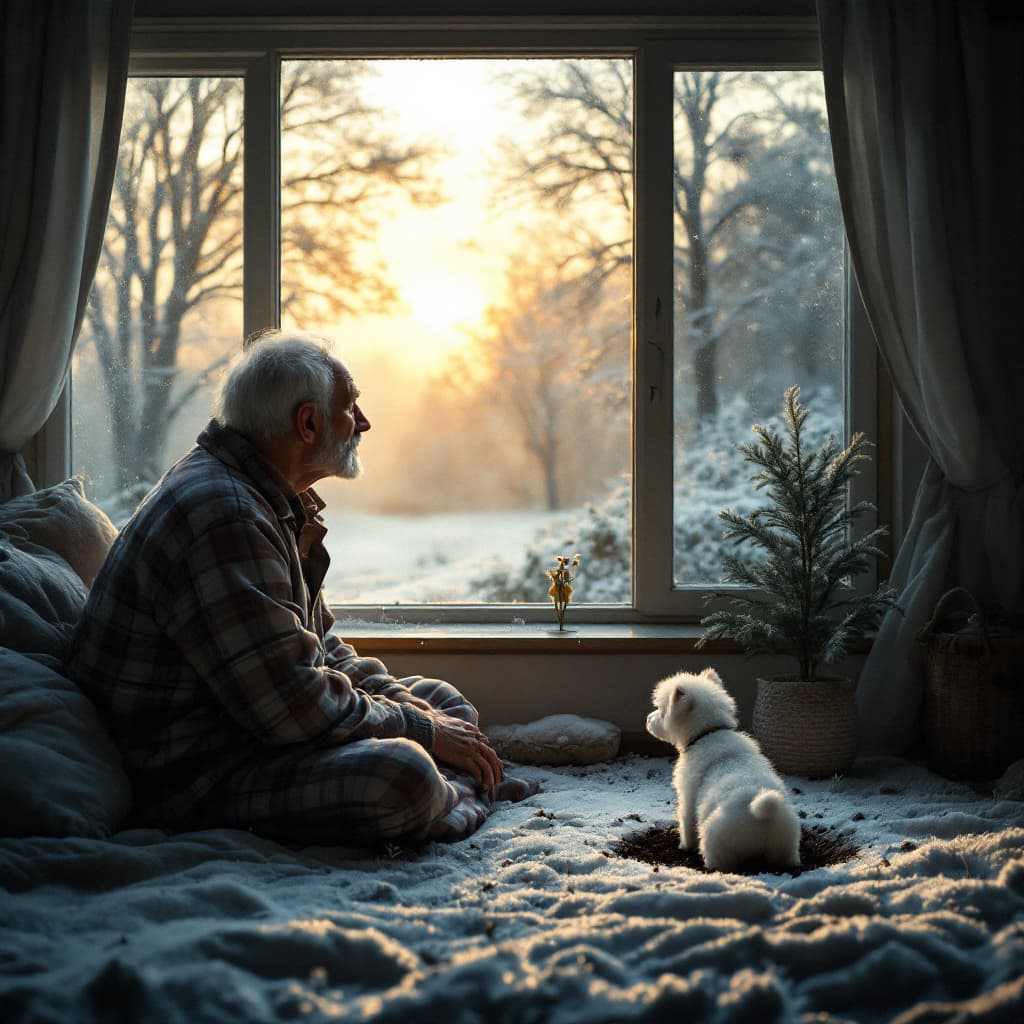 AI generated: An old man in pajamas looking out of his bedroom window seeing a small white puppy digging a hole in...