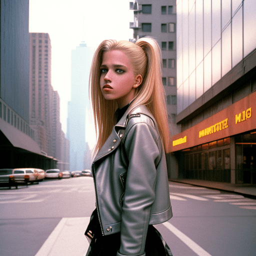 AI generated: Street style photo of a grunge style woman in the streets of 1990 Manhattan standing in front of a s...