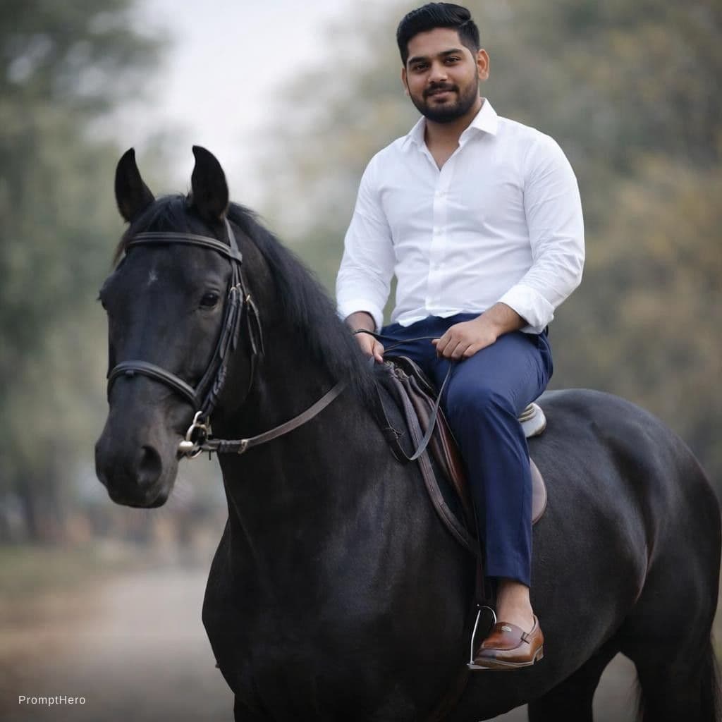 AI generated: atatched image in a men with sitting on black beautiful horse and men has wear a white shirt and nav...
