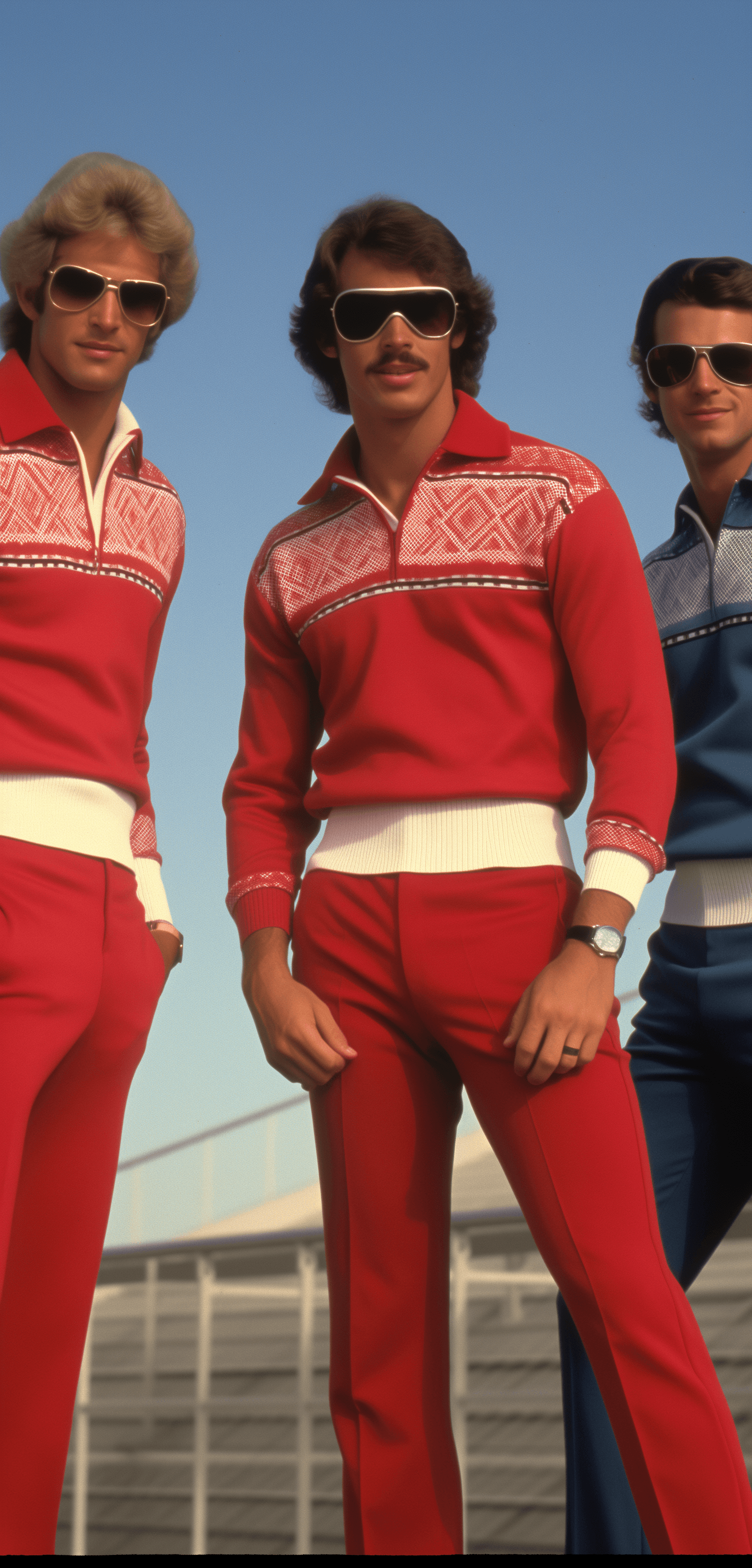 AI generated: A photorealistic image of vintage photos from the mid-1970s, featuring muscular men in red and white...