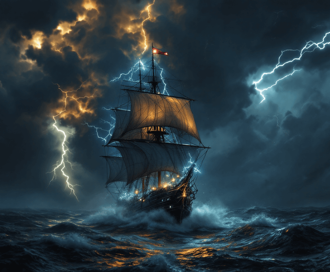 AI generated: Photo of a ultra realistic sailing ship, in the early 1800's, caught in midst of a violent storm at ...