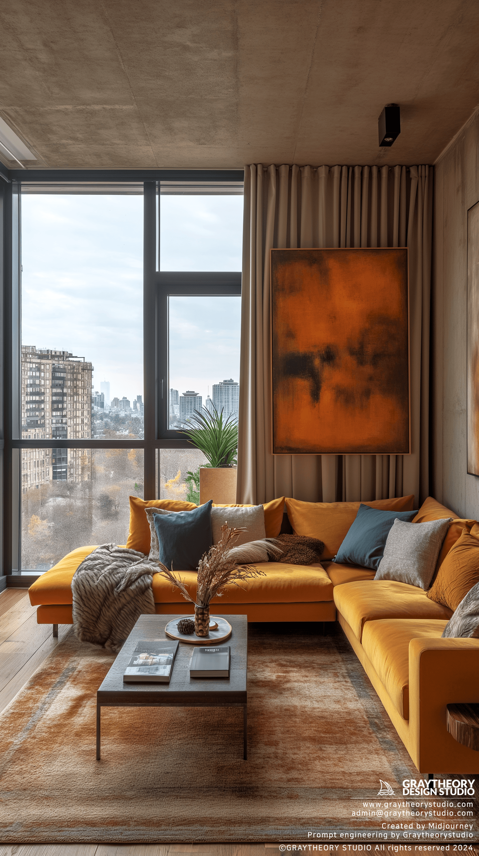 AI generated: Photograph, living room, integration of oak flooring and rug features, abstract art canvas, creating...