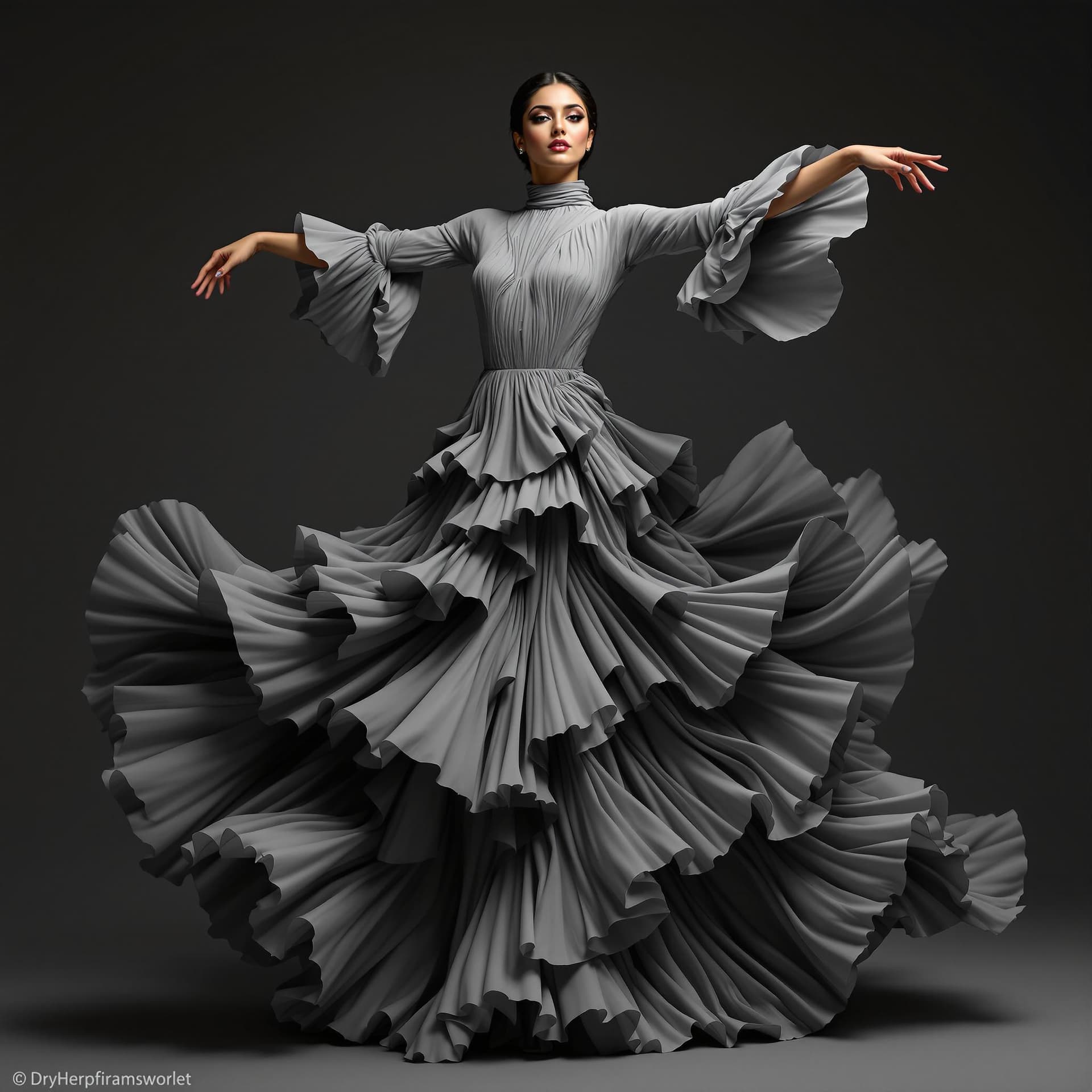 AI generated: The image is a full-length portrait of an Indian woman dancing in a flowing grey dress. The dress fe...