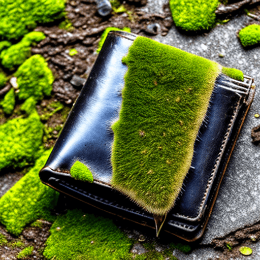 AI generated: an abandoned open leather wallet on a mossy pavement. Style: goth